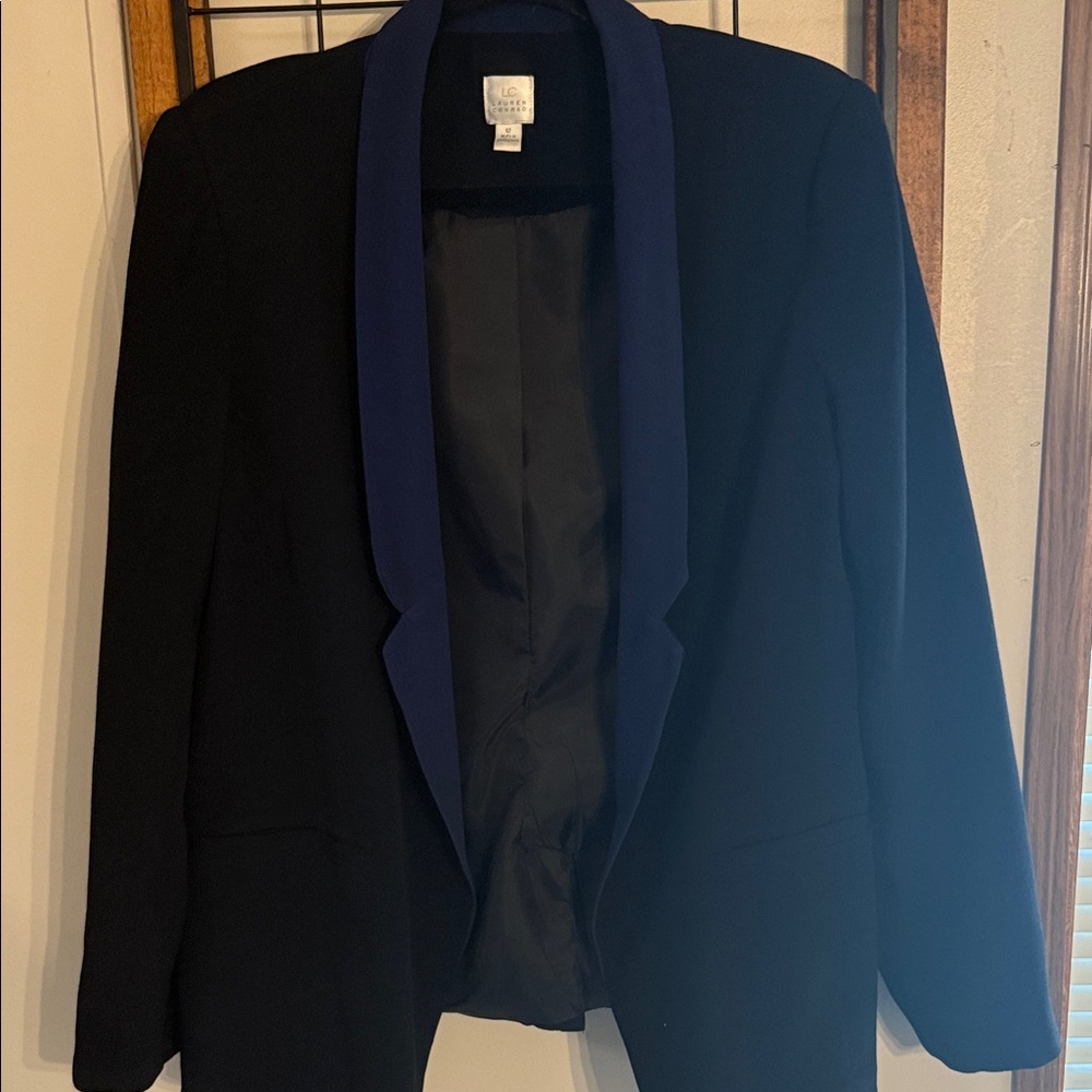 LC Lauren Conrad Open Front Black Blazer with Blue Lapel Size 12